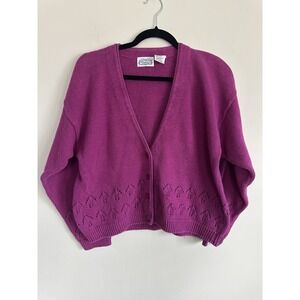 VTG Magenta Granny Crocheted Cutouts Cardigan MEDIUM 100% Ramie/Cotton